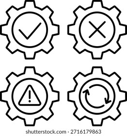 Un conjunto de cuatro íconos de engranajes que representan diferentes estados: Aprobación, rechazo, advertencia y actualización, representados en un estilo de arte lineal simple sobre un fondo blanco para su uso en interfaces digitales.