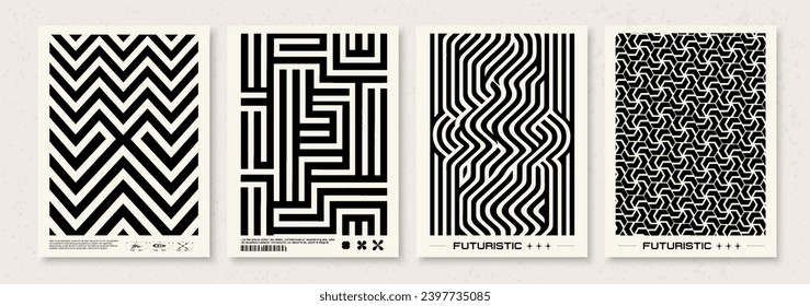 Set of Four Geometric Black and White Pattern Designs with Futuristic Feel. Triangle and square lines art. Vector illustration