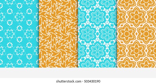 set of four geometric floral patterns. Vector illustration. Texture for design wallpaper, pattern fills, web page, banner, flyer. ethnic ornament. blue and orange color