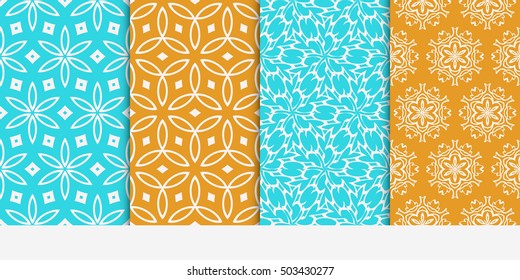 set of four geometric floral patterns. Vector illustration. Texture for design wallpaper, pattern fills, web page, banner, flyer. ethnic ornament. blue and orange color
