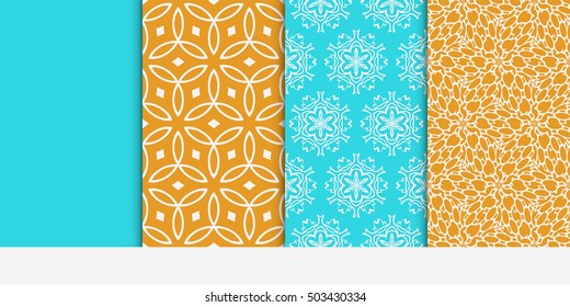 set of four geometric floral patterns. Vector illustration. Texture for design wallpaper, pattern fills, web page, banner, flyer. ethnic ornament. blue and orange color