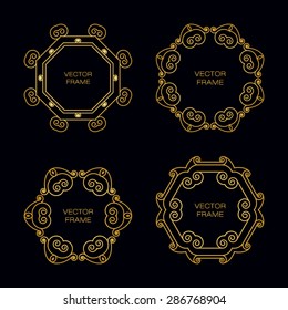 Set of four geometric frame in trendy mono line style. Art deco golden monogram design element on dark background.