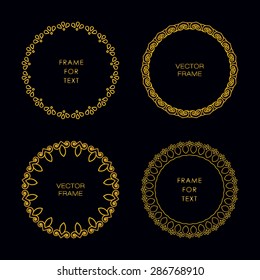 Set of four geometric frame in trendy mono line style. Art deco golden monogram design element on dark background.