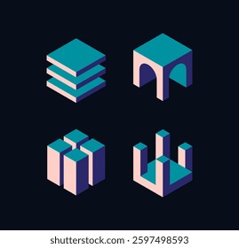 Set of four geometric isometric building icons in a modern, minimalist style. The icons feature abstract architectural structures with a futuristic look on a dark background. Vector illustration