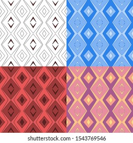 Set of four geometric, isometric patterns, rhombuses, squares. Scandinavian, ethnic, arabic pattern. For textile design, packaging, wallpaper, banner.