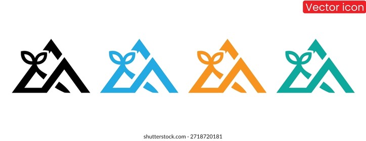 Conjunto de cuatro logotipos geométricos con flechas y arcos en negro, azul, naranja y verde, perfecto para la marca de negocios y la identidad