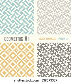 Set of four geometric patterns. Collection of different abstract patterns, number 1. Teal, yellow and grey, dark gray backgrounds. Simple colors - easy to recolor. Seamless vector background.