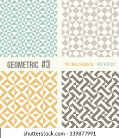 Set of four geometric patterns. Collection of different abstract patterns, number 3. Teal, yellow and grey, dark gray backgrounds. Simple colors - easy to recolor. Seamless vector background.