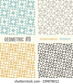 Set of four geometric patterns. Collection of different abstract patterns, number 9. Teal, yellow and grey, dark gray backgrounds. Simple colors - easy to recolor. Seamless vector background.
