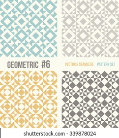 Set of four geometric patterns. Collection of different abstract patterns, number 6. Teal, yellow and grey, dark gray backgrounds. Simple colors - easy to recolor. Seamless vector background.