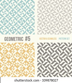 Set of four geometric patterns. Collection of different abstract patterns, number 5. Teal, yellow and grey, dark gray backgrounds. Simple colors - easy to recolor. Seamless vector background.