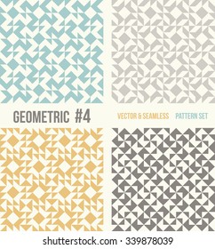 Set of four geometric patterns. Collection of different abstract patterns, number 4. Teal, yellow and grey, dark gray backgrounds. Simple colors - easy to recolor. Seamless vector background.