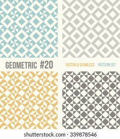 Set of four geometric patterns. Collection of different abstract patterns, number 20. Teal, yellow and grey, dark gray backgrounds. Simple colors - easy to recolor. Seamless vector background.