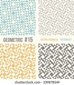 Set of four geometric patterns. Collection of different abstract patterns, number 15. Teal, yellow and grey, dark gray backgrounds. Simple colors - easy to recolor. Seamless vector background.