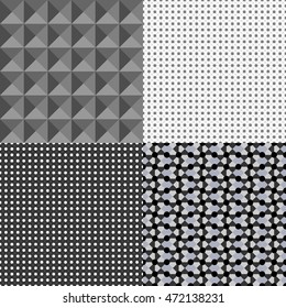 Set of four geometric patterns. Regularly repeating points, circles and fine lines. The modern design.