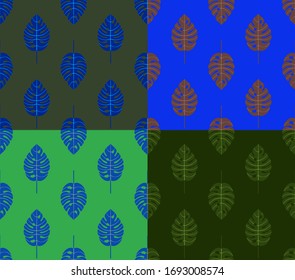 Set of four geometric seamless pattern with vertical rows of monstera tropical leaves with veins. Repeat symmetrical botanical pattern. Vector illustration.