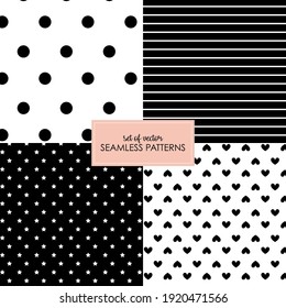 Set of four geometric seamless patterns. Vector illustration. Black and white Polkadots Stripes Hearts stars