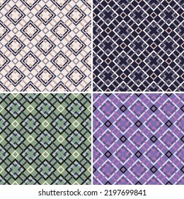 Set of four geometric seamless patterns. Overlapping art forms, stripes, polygons, segments are grouped and arranged in a certain order. Vector. 