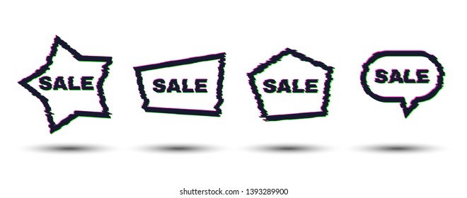 Set of four geometric shapes and sale banners with glitch effect. Distortion frames with shadow on white background. Vector illustration