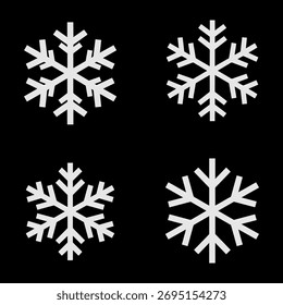 Set of four geometric snowflake icons. Simple white winter and Christmas holiday symbols isolated on a black background. Vector illustration for weather, cold, and seasonal design.