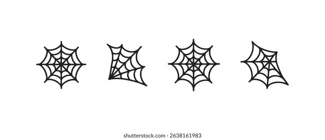 Set of four geometric spider web illustrations on white background.