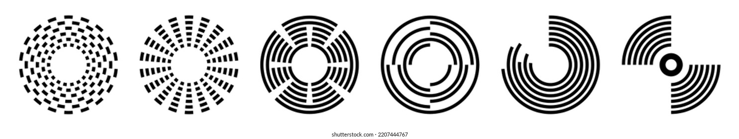 Set of four geometric symmetric round shapes, dotted circles, radial shapes. Icons set. Abstract signs. Black and white logos.