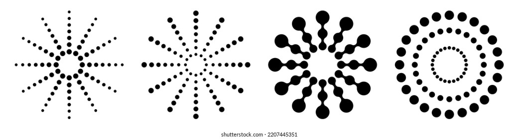 Set of four geometric symmetric round shapes, dotted circles, radial shapes. Icons set. Abstract signs. Black and white logos.
