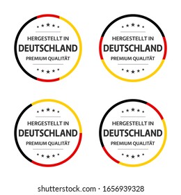 Set of four German labels, German title Made in Germany, premium quality stickers and symbols with stars, simple vector illustration isolated on white background