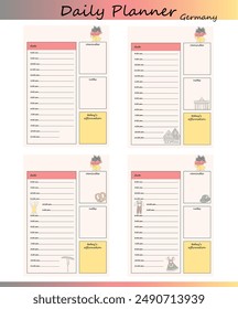 A set of four German-themed daily planner templates. Contains a section for to-do schedules, notes, reminders and daily affirmations.