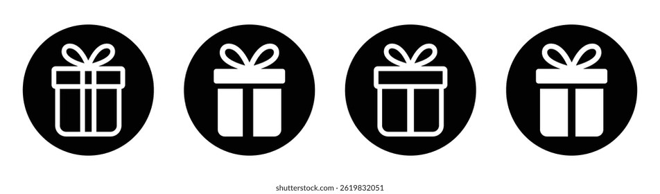 Set of four gift box icons with white ribbon bows in outline and solid styles. Ideal for holiday, birthday, celebration, and festive design projects, web, apps, and print materials. Gift box, icons.