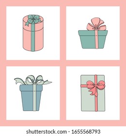Conjunto de cuatro cajas de regalo con cintas aisladas en fondo blanco.