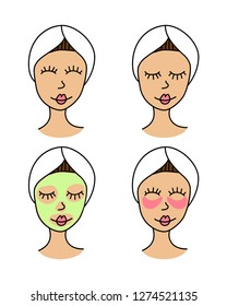 Set of four girl faces while doing skin care procedures