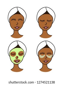Set of four girl faces while doing skin care procedures