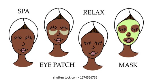 Set of four girl faces while doing skin care procedures