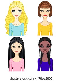 Set of four girls of different ethnicities. Vector illustration isolated on a white background. 