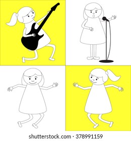 Set of four girls: guitarist, singer, dancer in music band in children play area or in kindergarten