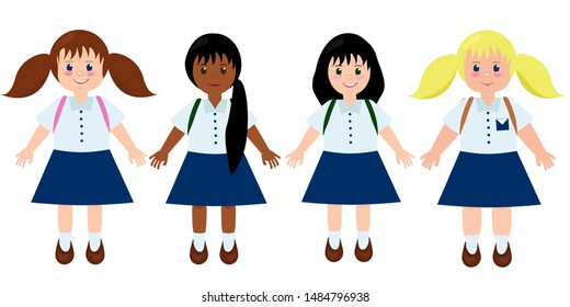 Set of four girls isolated. Pupils, school students. Little girls. Vector.