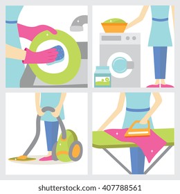 Set of four  girls, making cleaning the house. Vector illustration. Flat design. Concept- cleaning the house.
