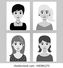 Set of four girls portraits. Vector.