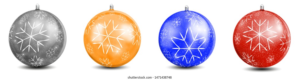 A set of four glass balls of transparent, gold, blue, red. Realistic vector image on a white background. Christmas balls for a Christmas tree with a pattern of large snowflakes and a snow blizzard.