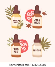Set of four glass dropper bottles. Handwritten labeling of peptide, ceramide, antioxidant, vitamin. Cosmetics, serums. Skin care, cosmetology, dermatology, treatment. Hand drawn vector icons.