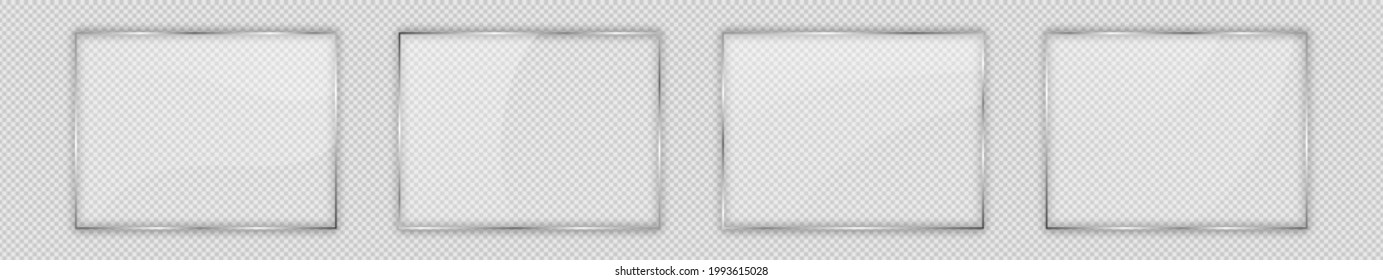 Set of four glass plates in rectangle frame isolated on transparent background. Vector illustration
