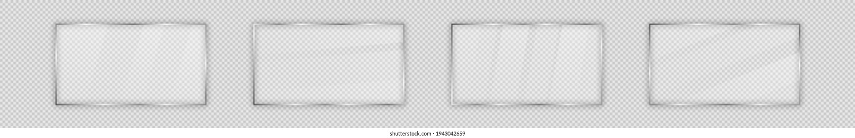 Set of four glass plates in rectangular frame isolated on transparent background. Vector illustration.