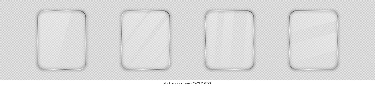 Set of four glass plates in rounded vertical frame isolated on transparent background. Vector illustration.