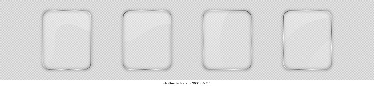 Set of four glass plates in rounded vertical frame isolated on transparent background. Vector illustration.