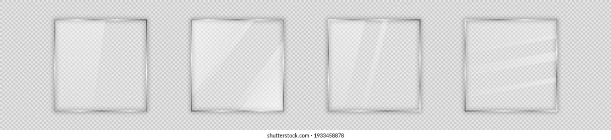 Set of four glass plates in square frame isolated on transparent background. Vector illustration.