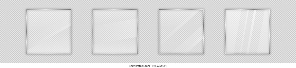 Set of four glass plates in square frame isolated on transparent background. Vector illustration.