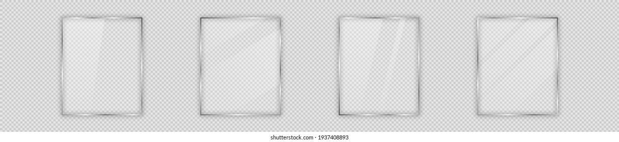 Set of four glass plates in vertical frame isolated on transparent background. Vector illustration.