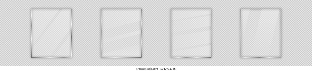 Set of four glass plates in vertical frame isolated on transparent background. Vector illustration.