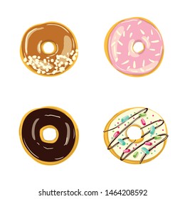 Set of four glazed caramel, chocolate, pink and white donuts isolated. Bakery Vector illustration. Top View doughnuts into glaze for menu design, cafe decoration